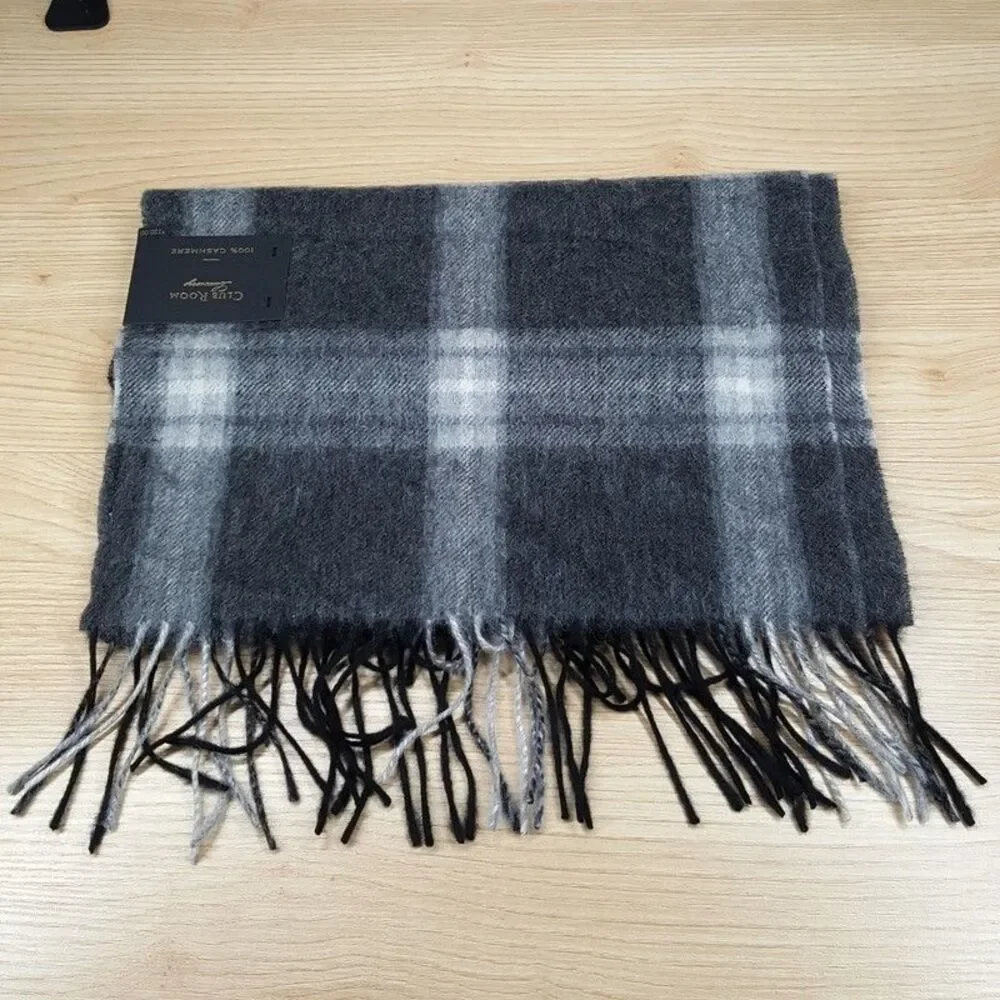 CLUB ROOM Mens Scarf Black Gray Plaid 100% Cashmere Fringe Rectangle 64x12